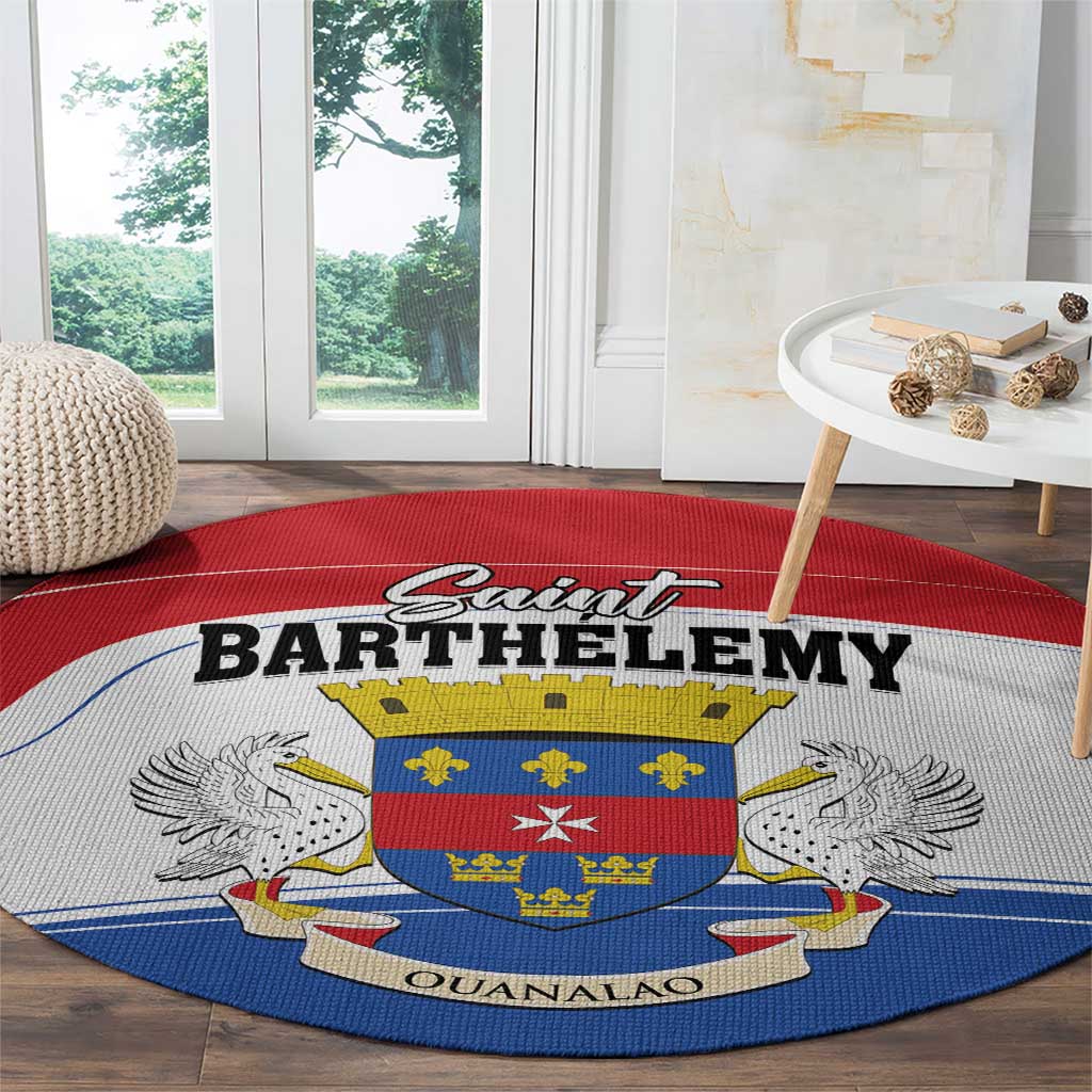 Round carpet with Saint Barthelemy Ouanalao coat of arms, red and blue edge