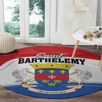Round carpet with Saint Barthelemy Ouanalao coat of arms, red and blue edge