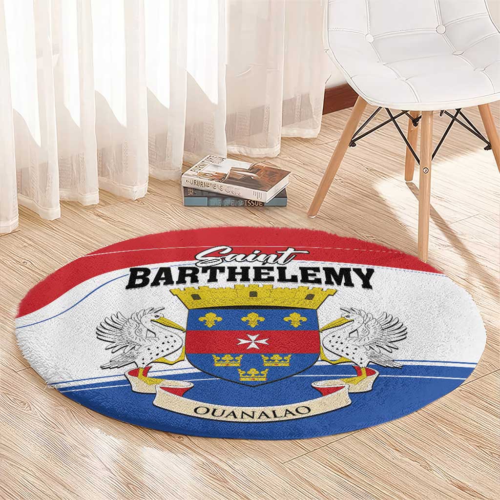 Round carpet with Saint Barthelemy Ouanalao crest, red ring and blue waves