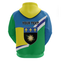 Back blue, green and yellow zip hoodie with crest emblem and 'YOUR TEXT' print