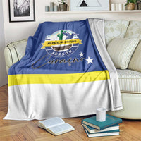 Blue Curacao blanket with Coat of Arms print and yellow stripe