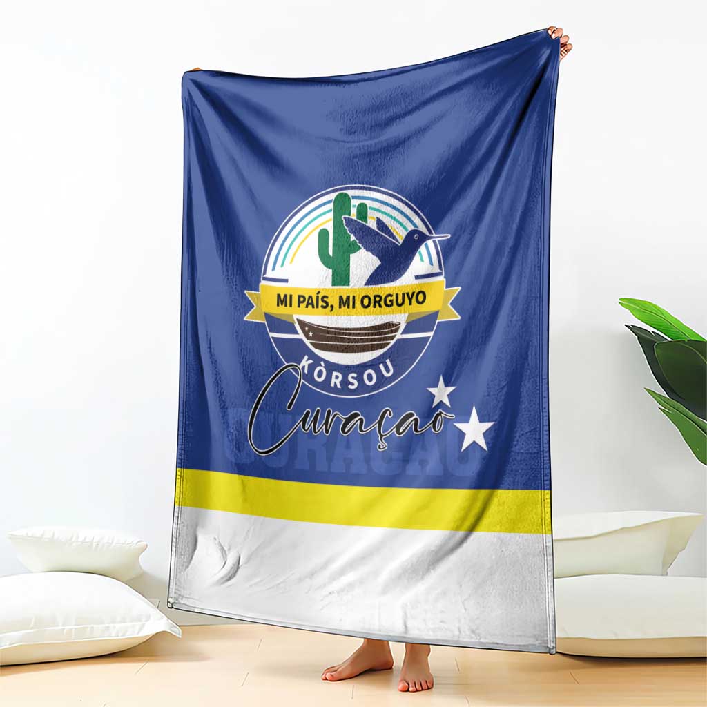 Blue Curacao blanket with Coat of Arms print and yellow-white hem