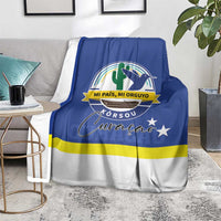 Curacao blanket with blue, white, and yellow flag design and coat of arms print