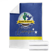 Blue Curacao blanket with Korsou coat of arms and yellow-white stripe