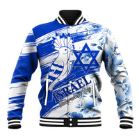 Unisex blue and white baseball jacket with hoopoe bird and Star of David graphic