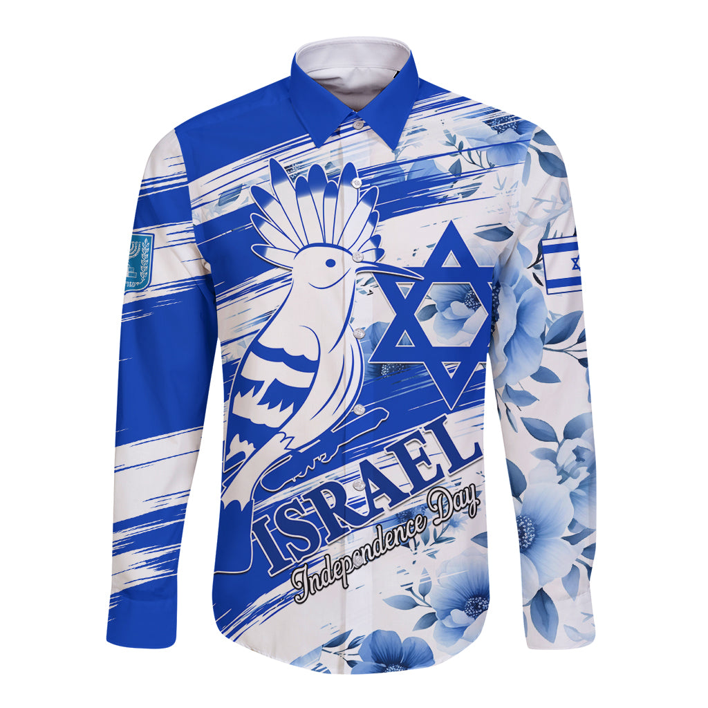 Blue long-sleeve button shirt with hoopoe bird and Magen David graphics front and sleeves
