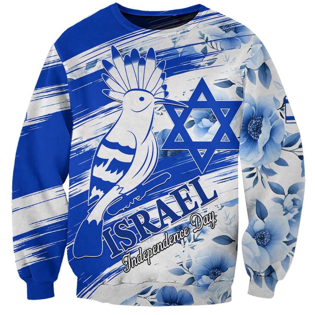 Unisex sweatshirt with blue-and-white hoopoe bird, Star of David, and Independence Day print