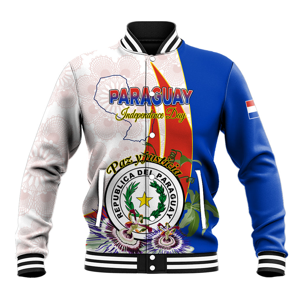 Paraguay graphic baseball jacket with button-front and varsity striped collar two-tone blue and white