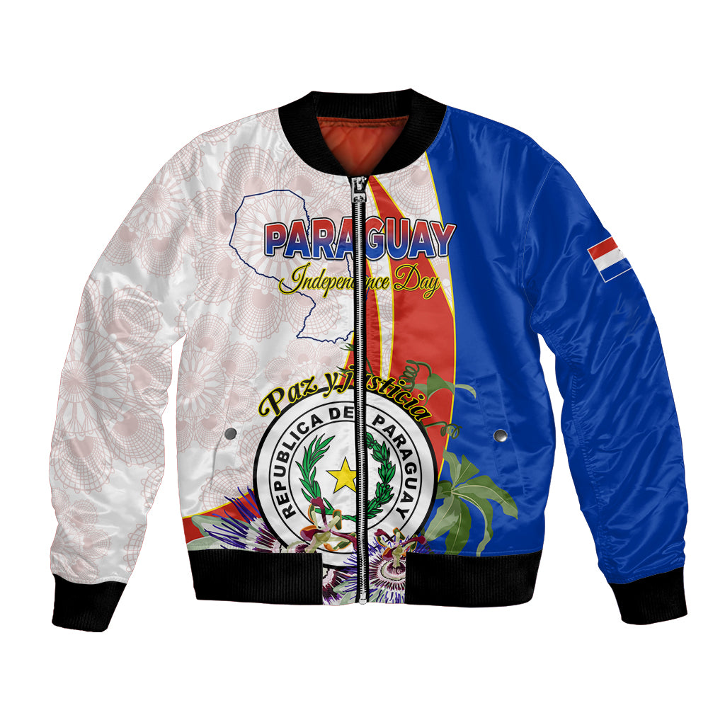 Unisex bomber jacket with blue and white panels, front zipper, embroidered crest