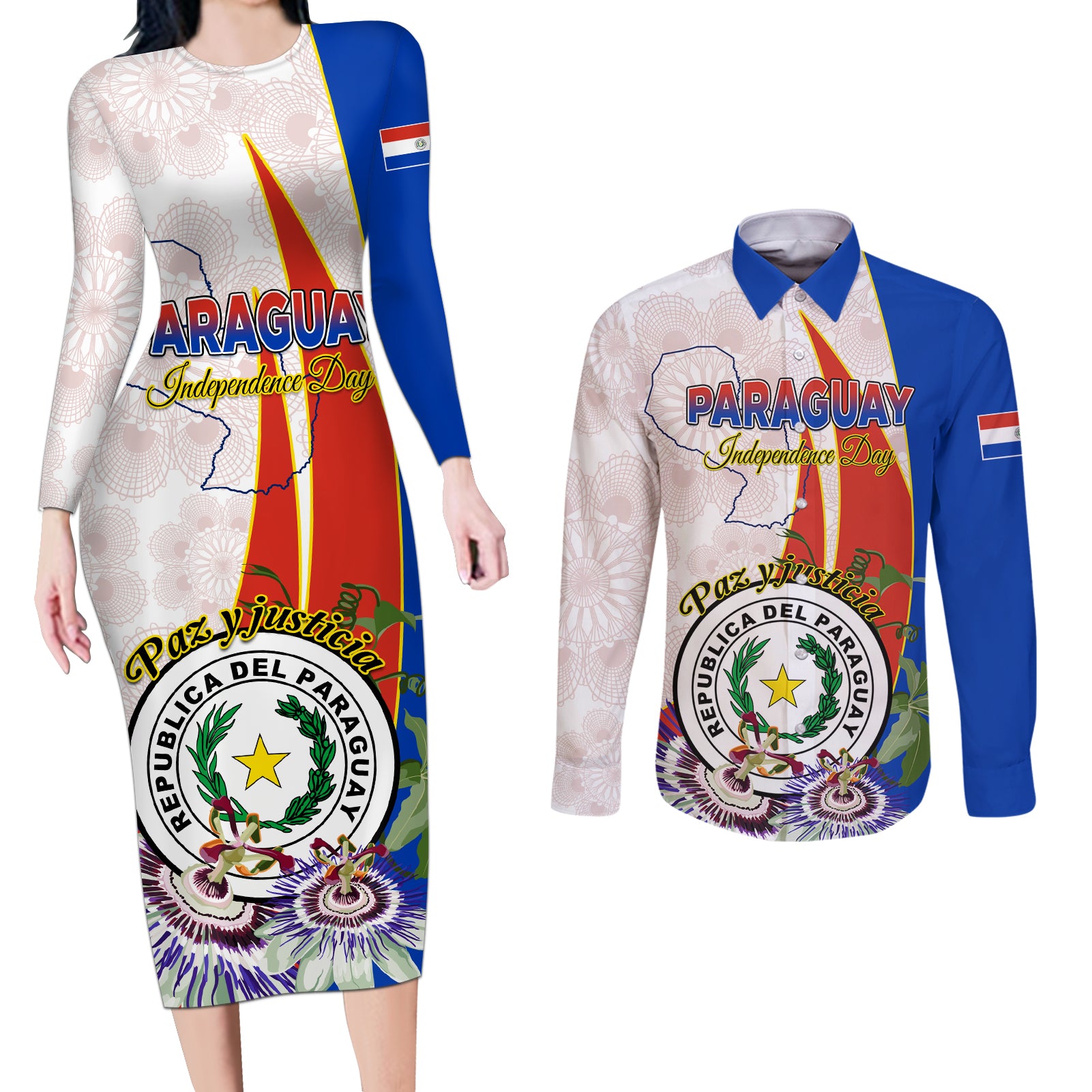 Paraguay Independence Day Couples Matching Long Sleeve Bodycon Dress and Long Sleeve Button Shirt Passion Flower Vintage Antique Naduti - Wonder Print Shop