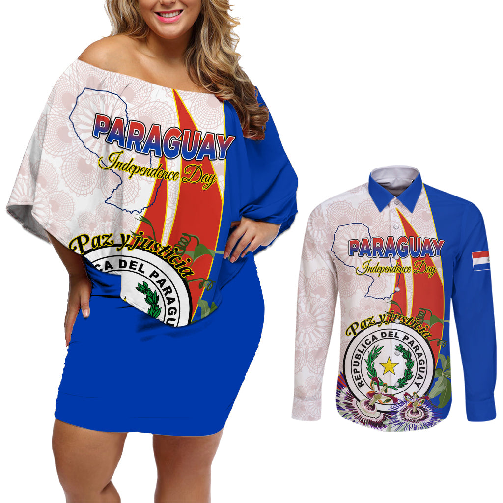 Paraguay Independence Day Couples Matching Off Shoulder Short Dress and Long Sleeve Button Shirt Passion Flower Vintage Antique Naduti - Wonder Print Shop