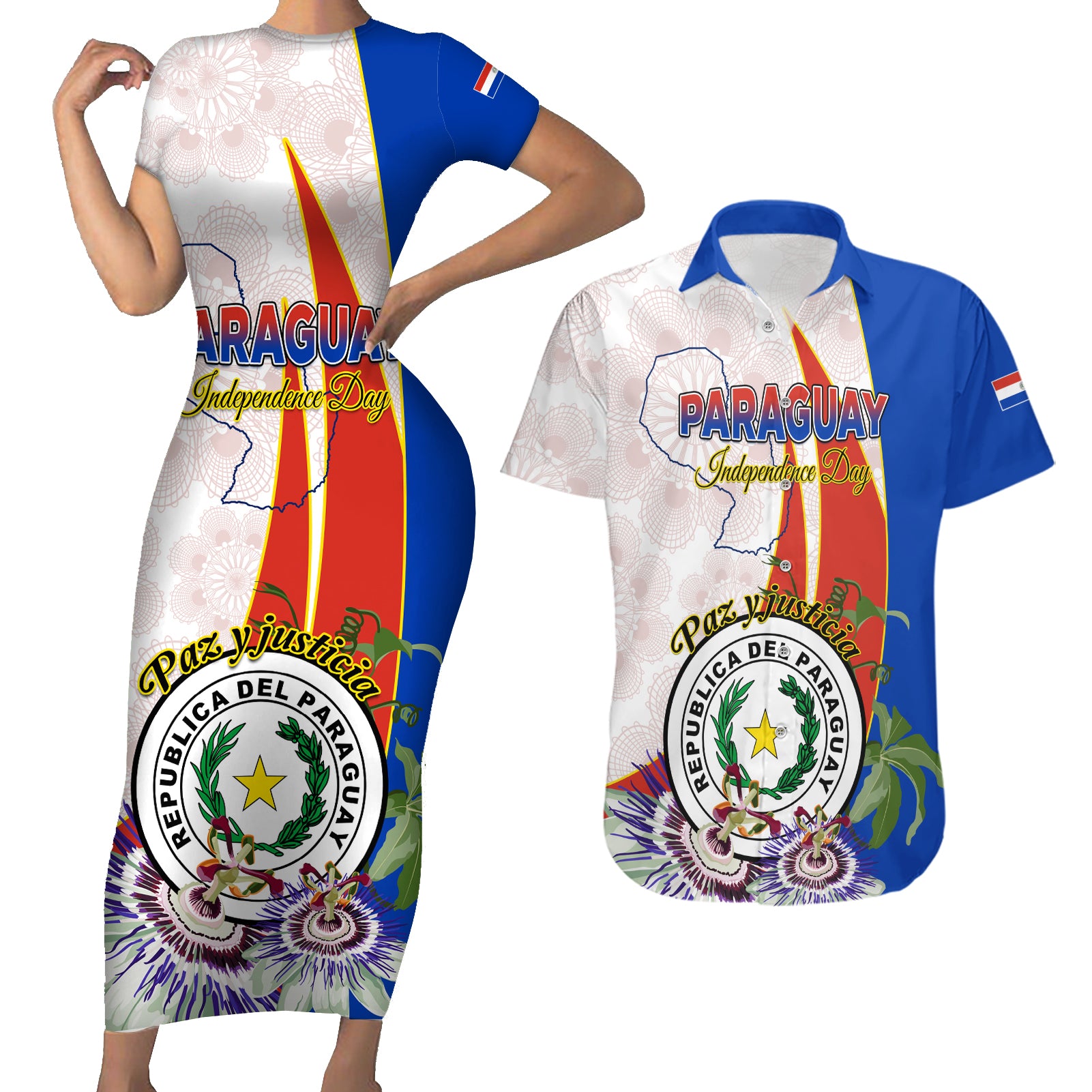 Paraguay Independence Day Couples Matching Short Sleeve Bodycon Dress and Hawaiian Shirt Passion Flower Vintage Antique Naduti - Wonder Print Shop