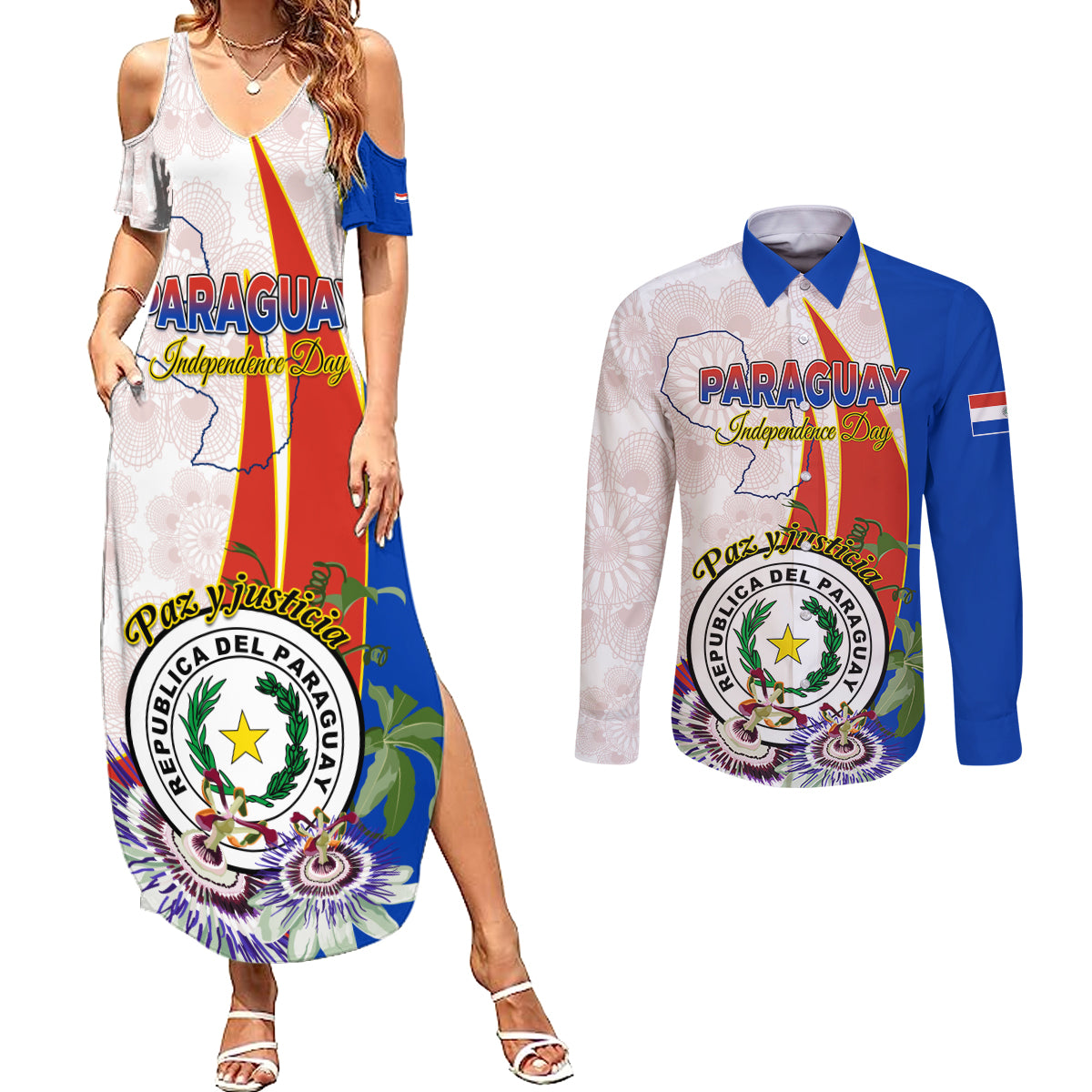 Paraguay Independence Day Couples Matching Summer Maxi Dress and Long Sleeve Button Shirt Passion Flower Vintage Antique Naduti - Wonder Print Shop