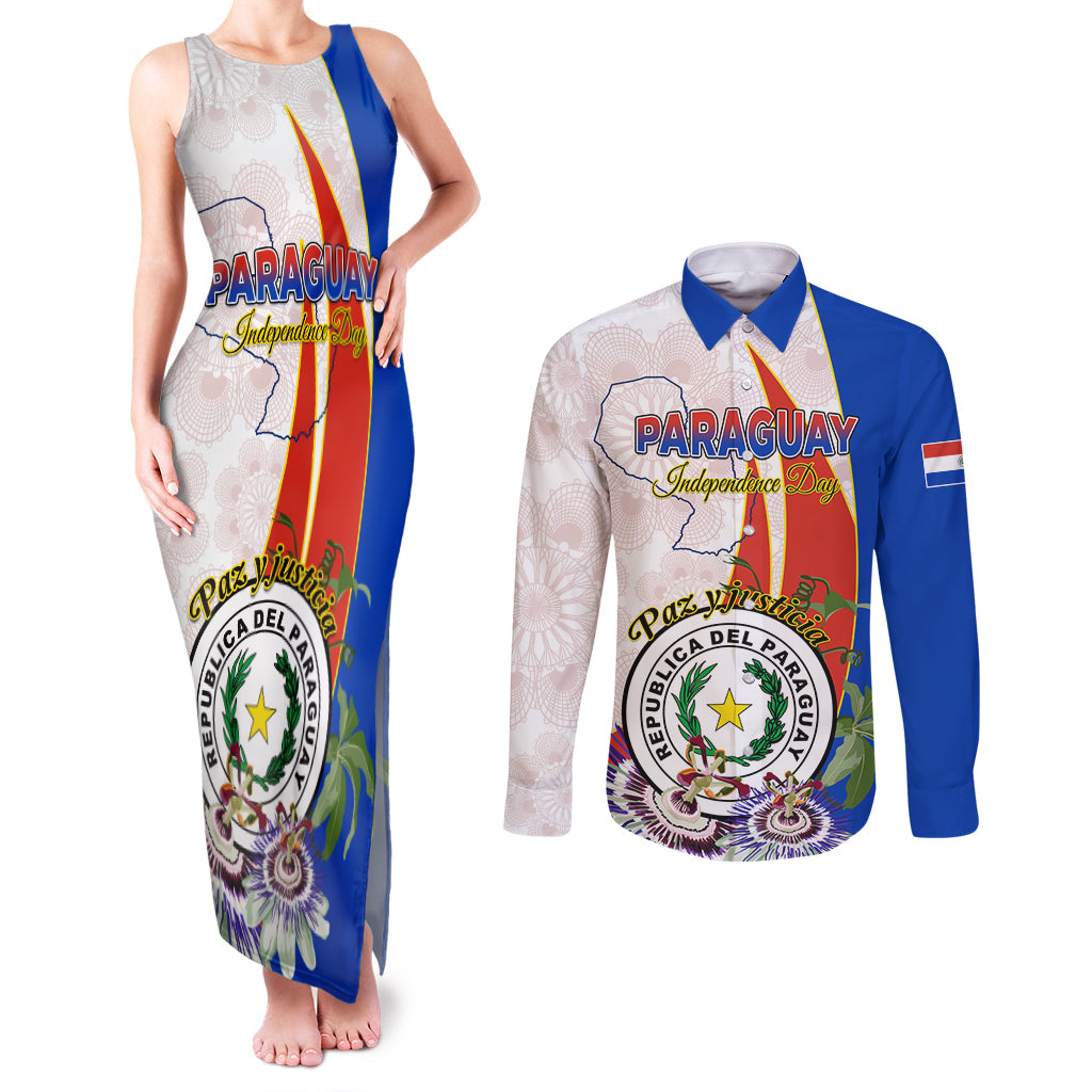 Paraguay Independence Day Couples Matching Tank Maxi Dress and Long Sleeve Button Shirt Passion Flower Vintage Antique Naduti - Wonder Print Shop