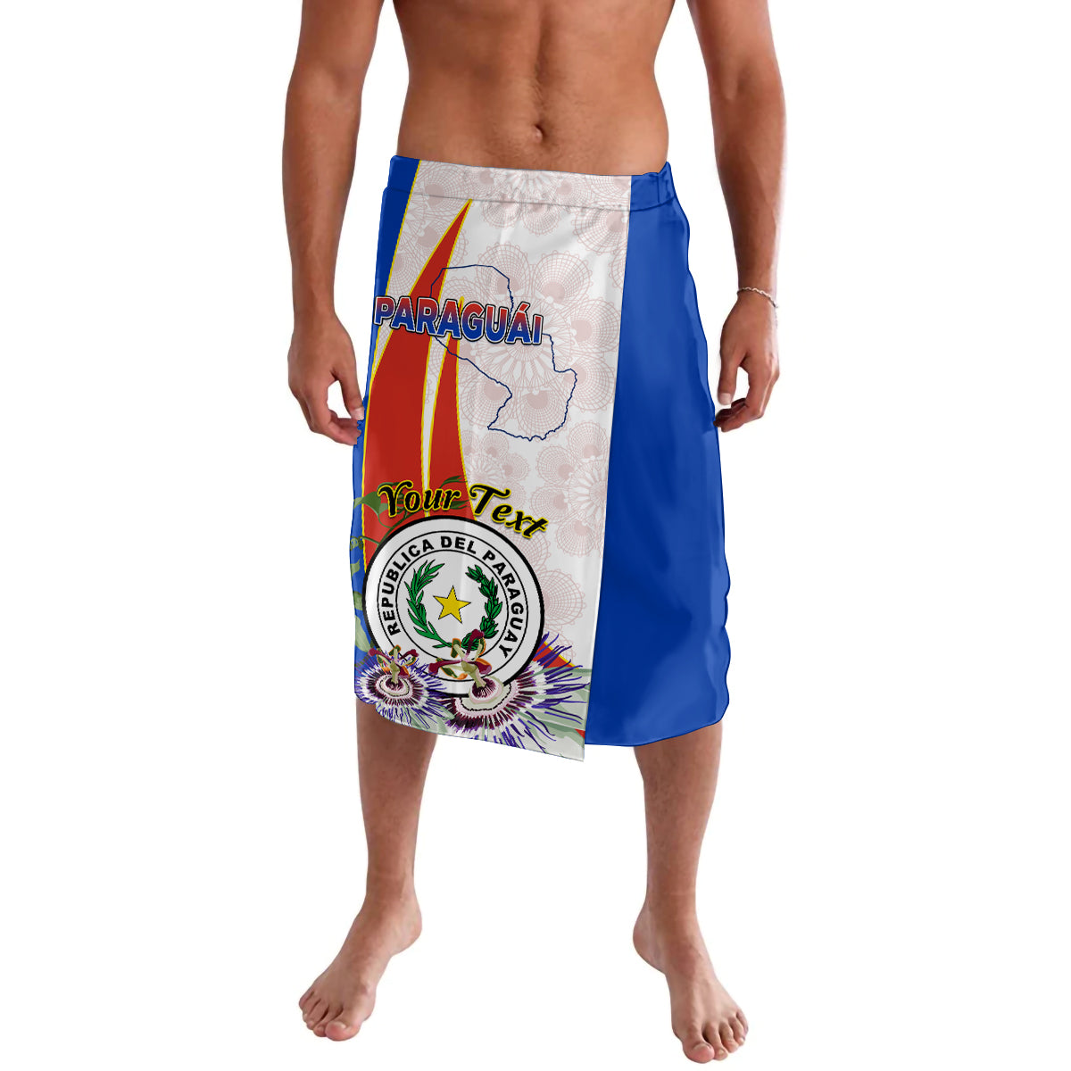 Blue and white printed skirt with elastic waistband, circular emblem and text graphic