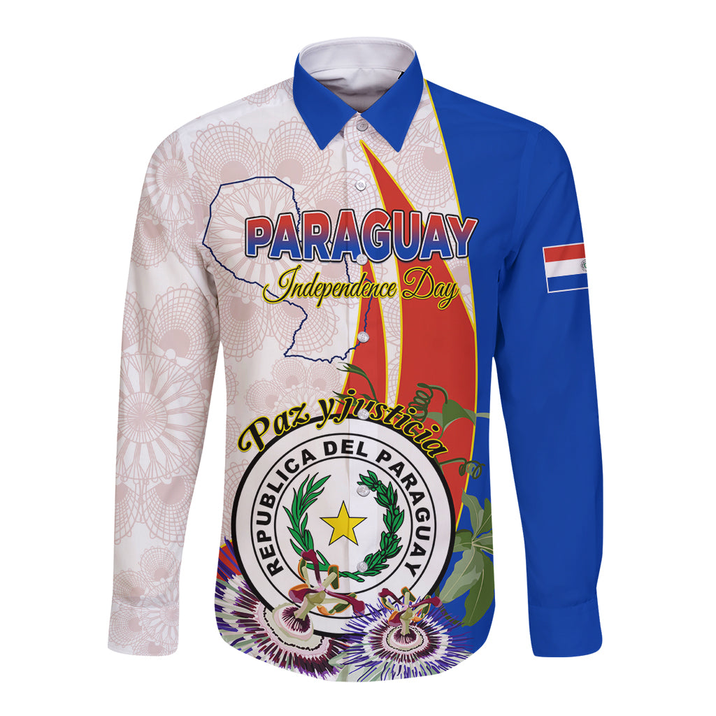 Long-sleeve button shirt with white body, blue sleeves, and colorful Paraguay crest graphic