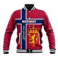 Red baseball jacket with Norway crest graphic, button front, striped collar