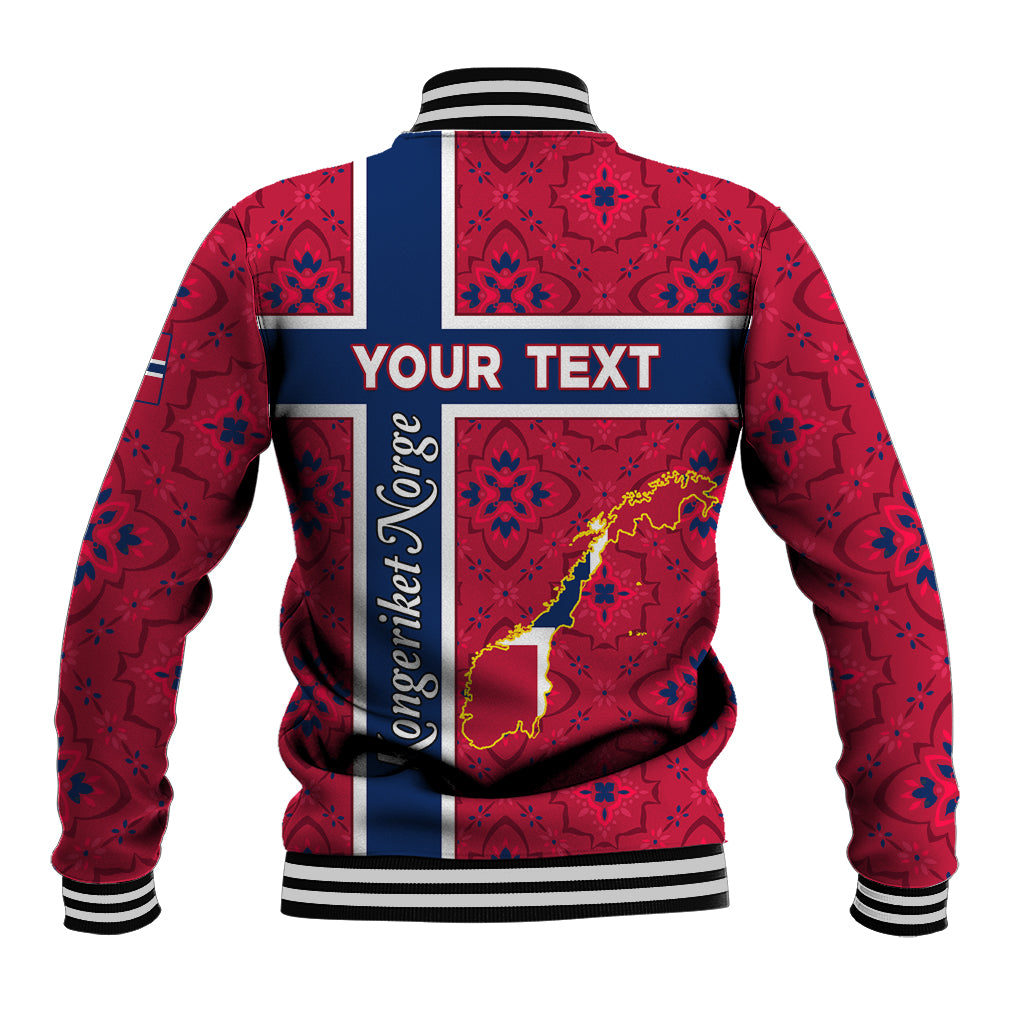 Red baseball jacket back with Norway crest and map graphic, blue stripe panel