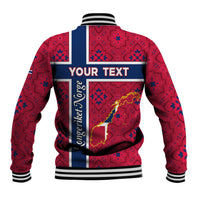 Red baseball jacket back with Norway crest and map graphic, blue stripe panel