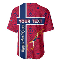 Red baseball jersey with Norway flag stripe, blue and red patterned graphics, 'YOUR TEXT'