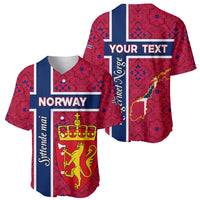 Pair of red baseball jerseys: one front with NORWAY text and crest, one back with YOUR TEXT