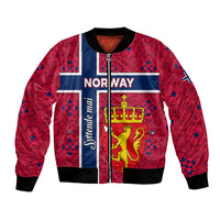 Red bomber jacket with Norway flag panel, zipper front, ribbed cuffs and hem