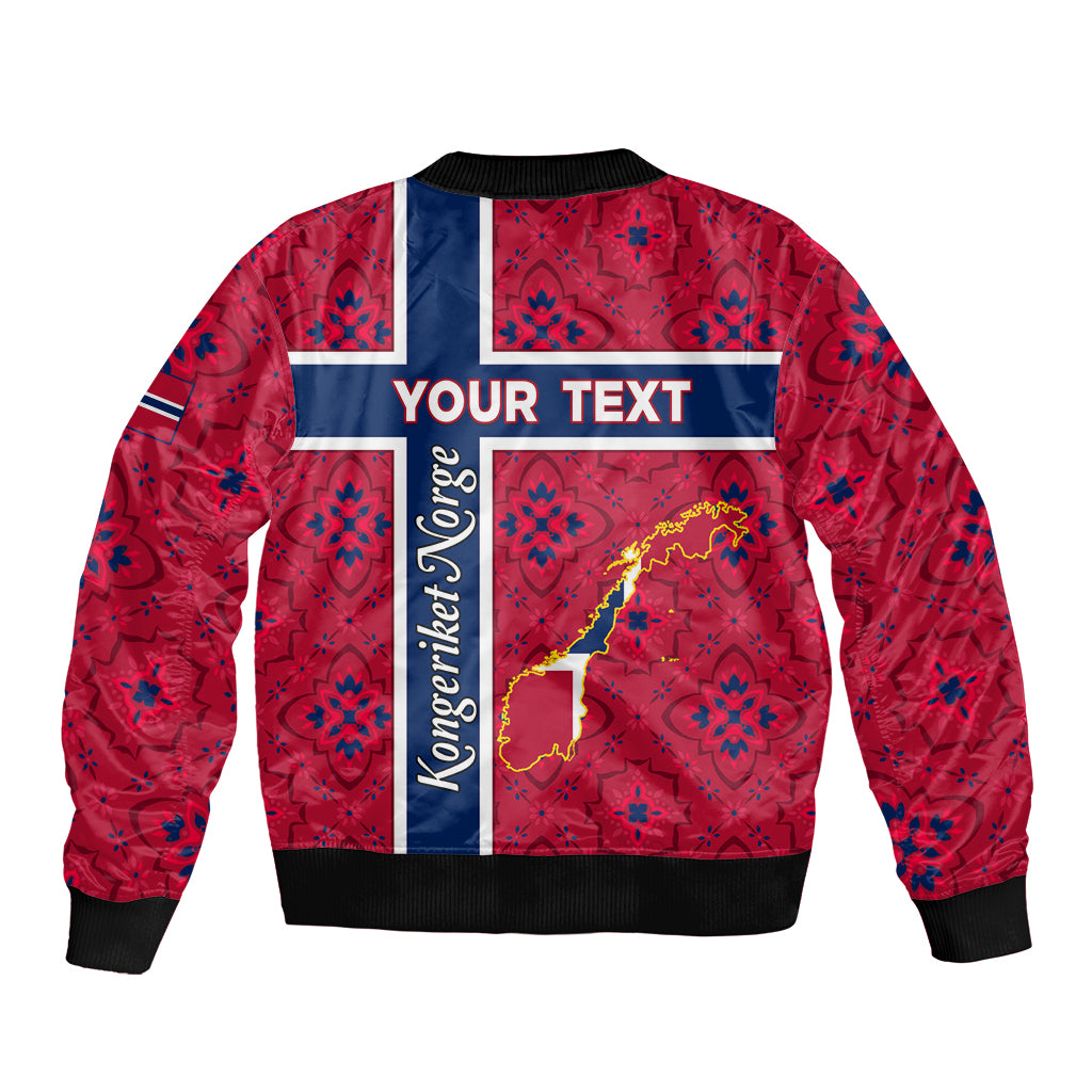 Red bomber jacket back with blue cross panel and 'YOUR TEXT' graphic, ribbed hem