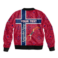 Red bomber jacket back with blue cross panel and 'YOUR TEXT' graphic, ribbed hem