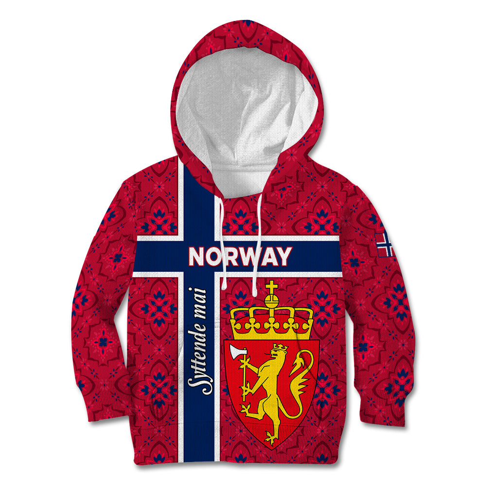 Norway Constitution Day Kid Hoodie Norge Folk Pattern Flag Style - Wonder Print Shop