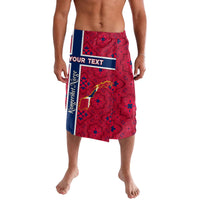Red patterned lavalava with blue side stripe and Norway-themed graphic waistband panel