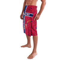 Red lavalava with blue side stripe, Norway-themed text label, and allover motifs