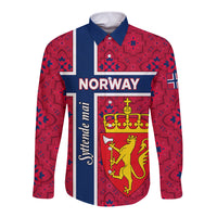 Red long-sleeve button shirt with blue panel and Norway shield graphic