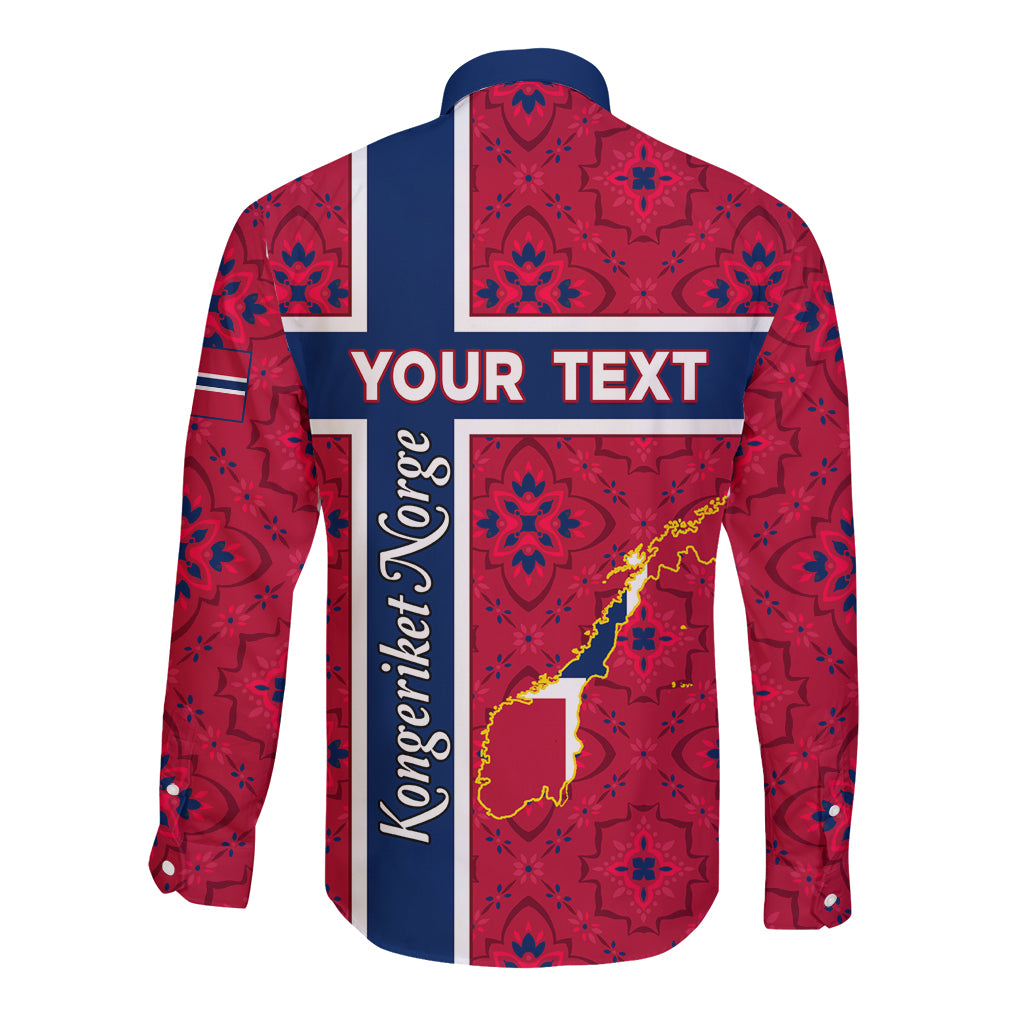 Red long-sleeve button shirt with blue side stripes and 'YOUR TEXT' graphic