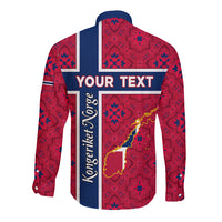 Red long-sleeve button shirt with blue side stripes and 'YOUR TEXT' graphic