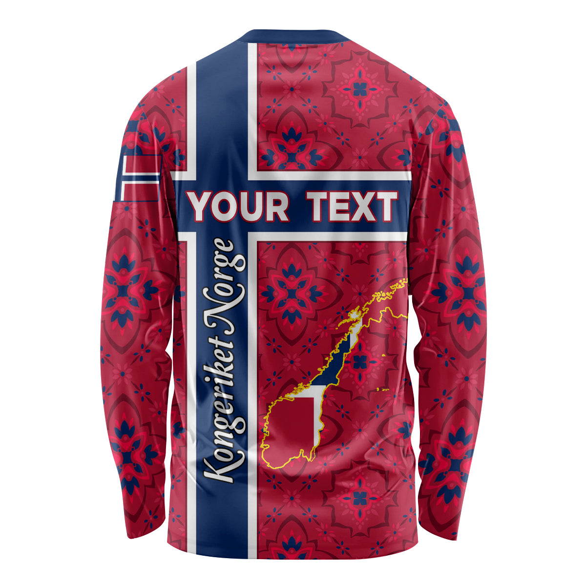 Unisex long sleeve shirt with red Norway flag graphic, blue stripes, “YOUR TEXT” and map.
