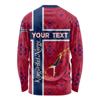 Unisex long sleeve shirt with red Norway flag graphic, blue stripes, “YOUR TEXT” and map.