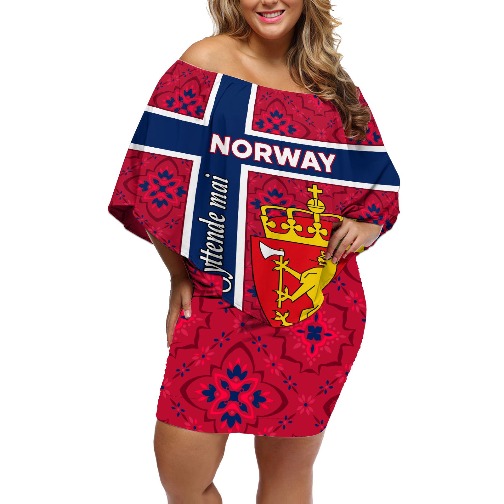 Norway Constitution Day Off Shoulder Short Dress Norge Folk Pattern Flag Style - Wonder Print Shop