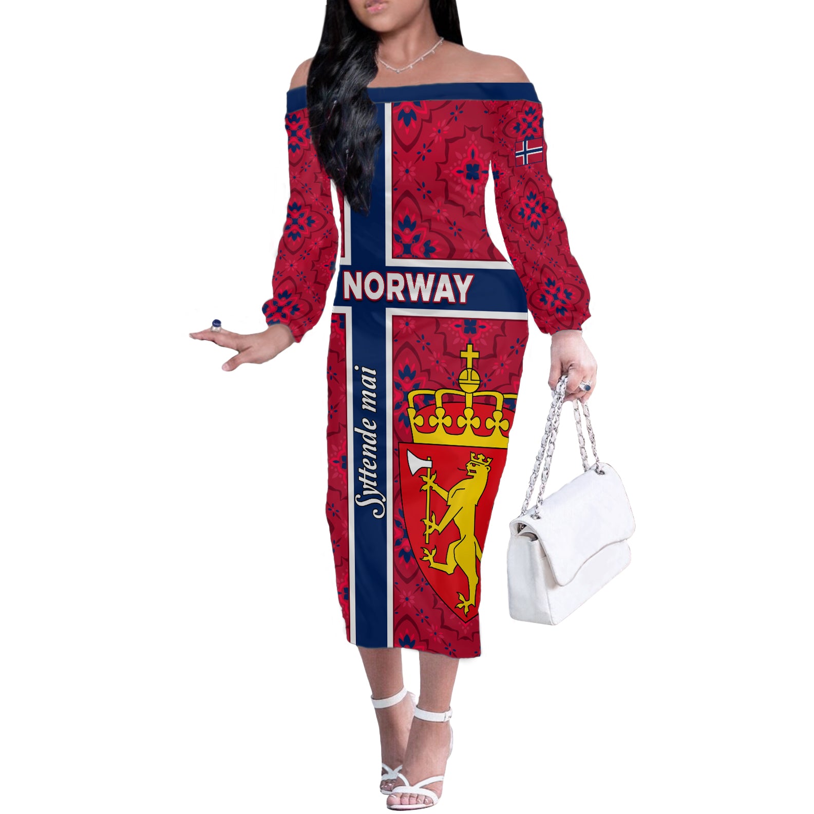 Norway Constitution Day Off The Shoulder Long Sleeve Dress Norge Folk Pattern Flag Style - Wonder Print Shop