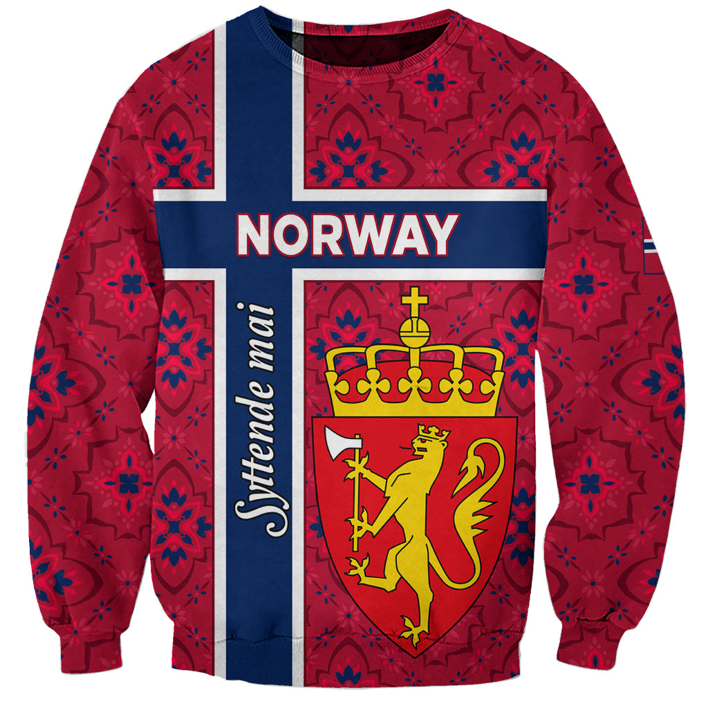 Red sweatshirt with Norway flag graphic, crest and ornamental pattern, crewneck