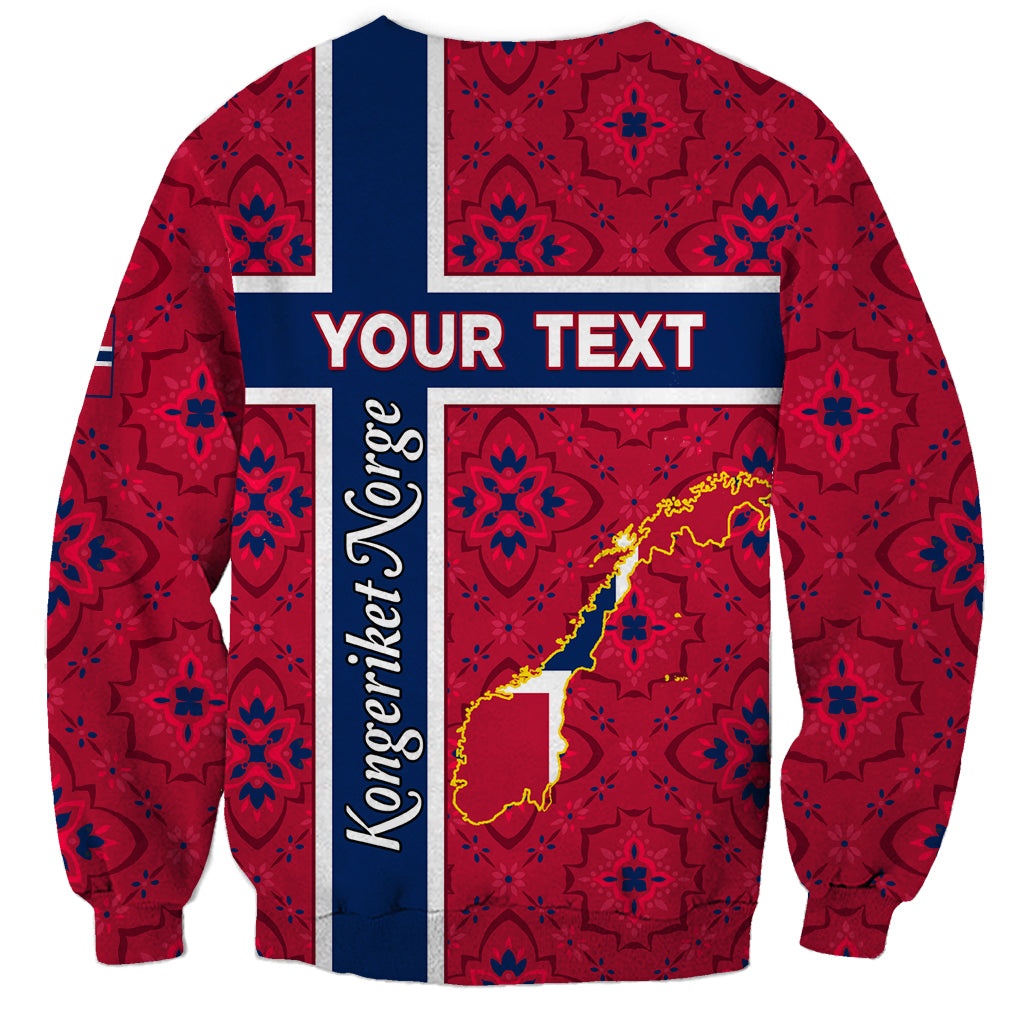 Red sweatshirt with Norway flag stripe, Norway map and blue "YOUR TEXT" print