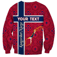 Red sweatshirt with Norway flag stripe, Norway map and blue "YOUR TEXT" print