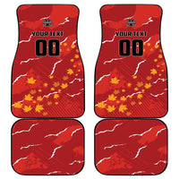 Set of 4 red car floor mats with Canada map, maple leaves, 'YOUR TEXT 00'.