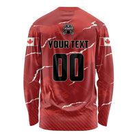 Red long-sleeve lacrosse shirt with back number graphic and Canada map
