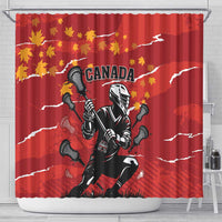 Red shower curtain on rod with Canada goalie, maple leaves, and white lightning line art