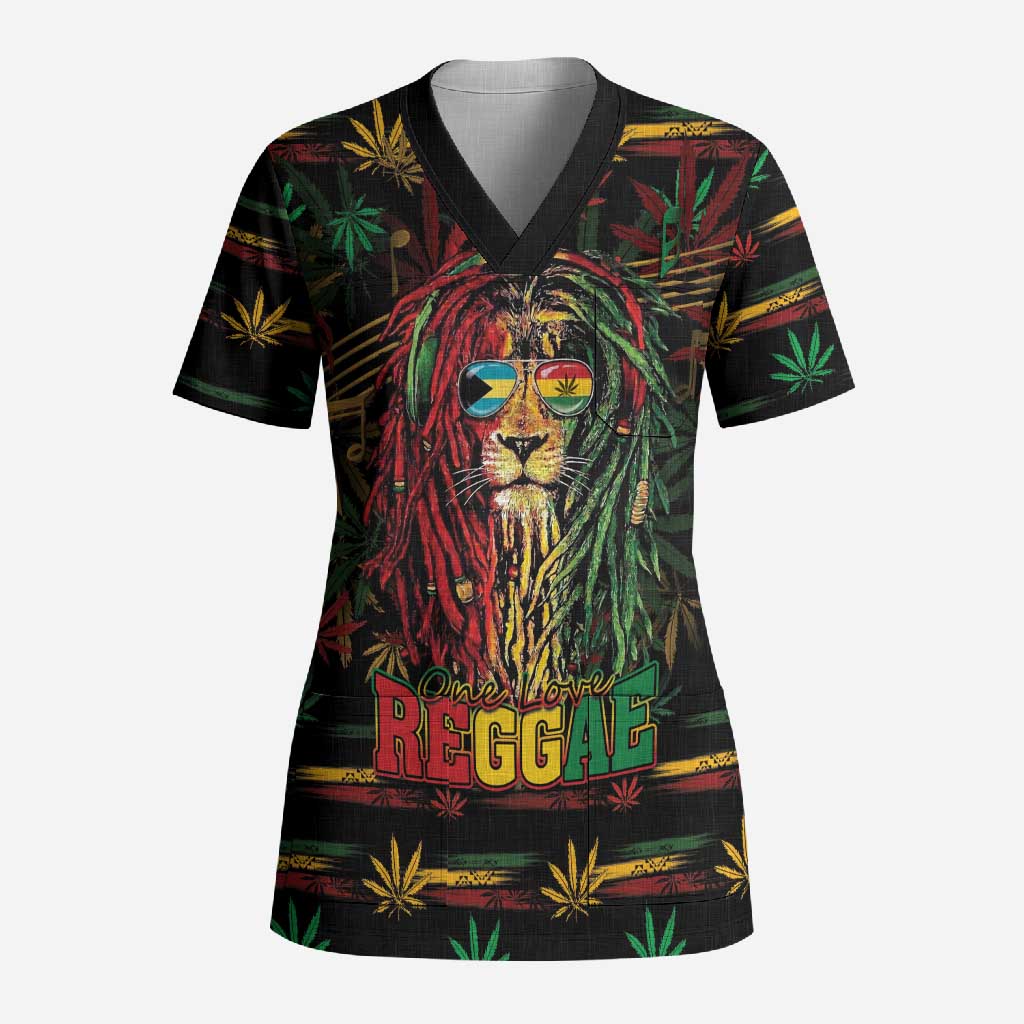 Personalized The Bahamas One Love Reggae Lion Scrub Top Caribbean Reggae Spirit