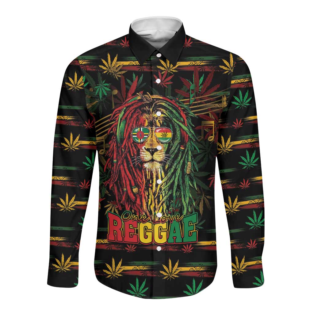 Personalized Dominica One Love Reggae Lion Long Sleeve Button Shirt Caribbean Reggae Spirit