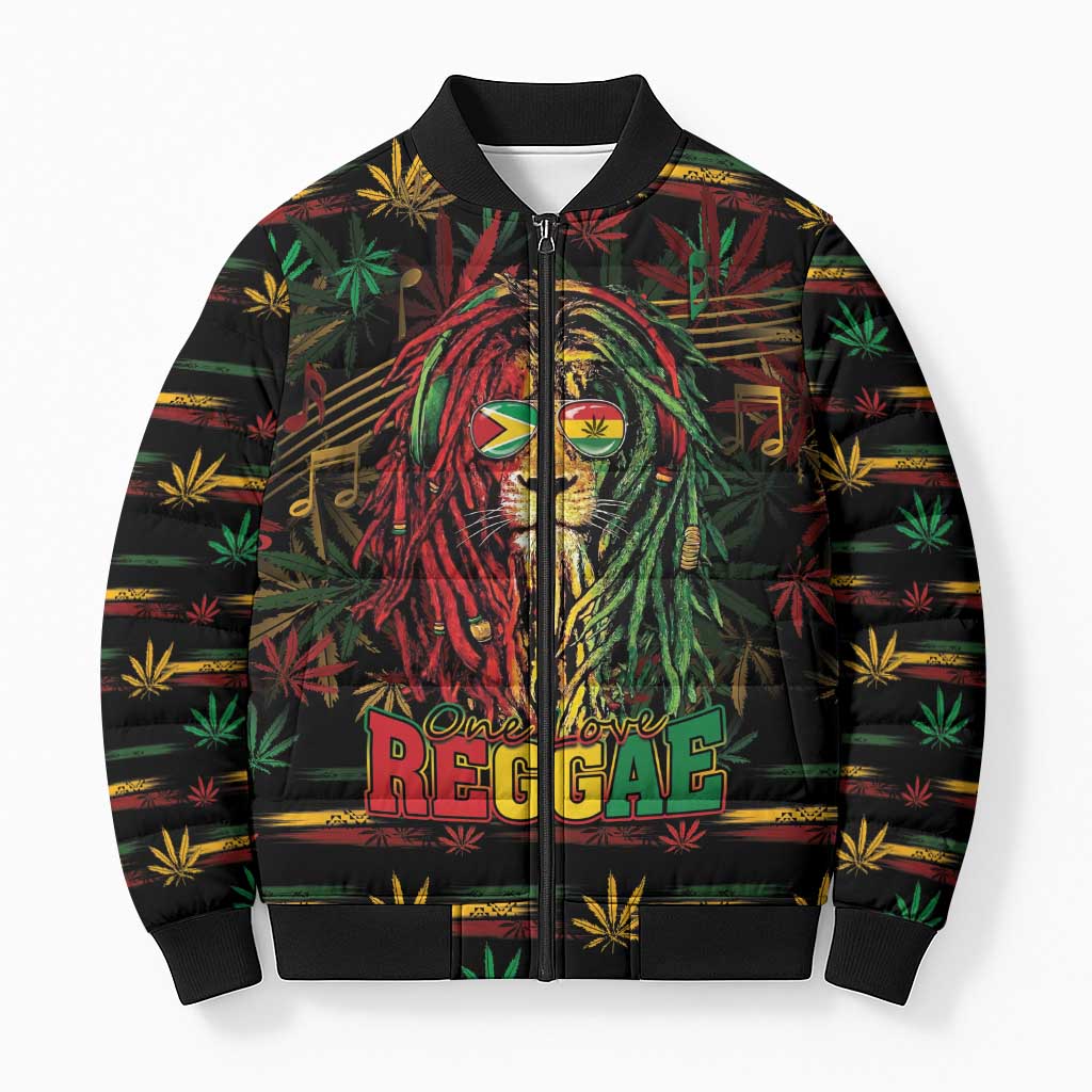 Personalized Guyana One Love Reggae Lion Bomber Puffer Jacket Caribbean Reggae Spirit