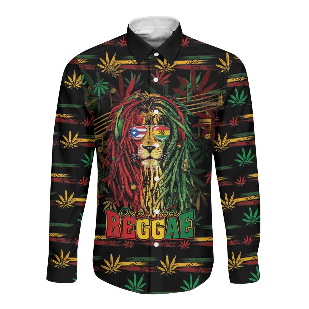 Personalized Puerto Rico One Love Reggae Lion Long Sleeve Button Shirt Caribbean Reggae Spirit