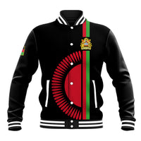 Black baseball jacket with striped ribbed collar, front crest and flag-style graphic