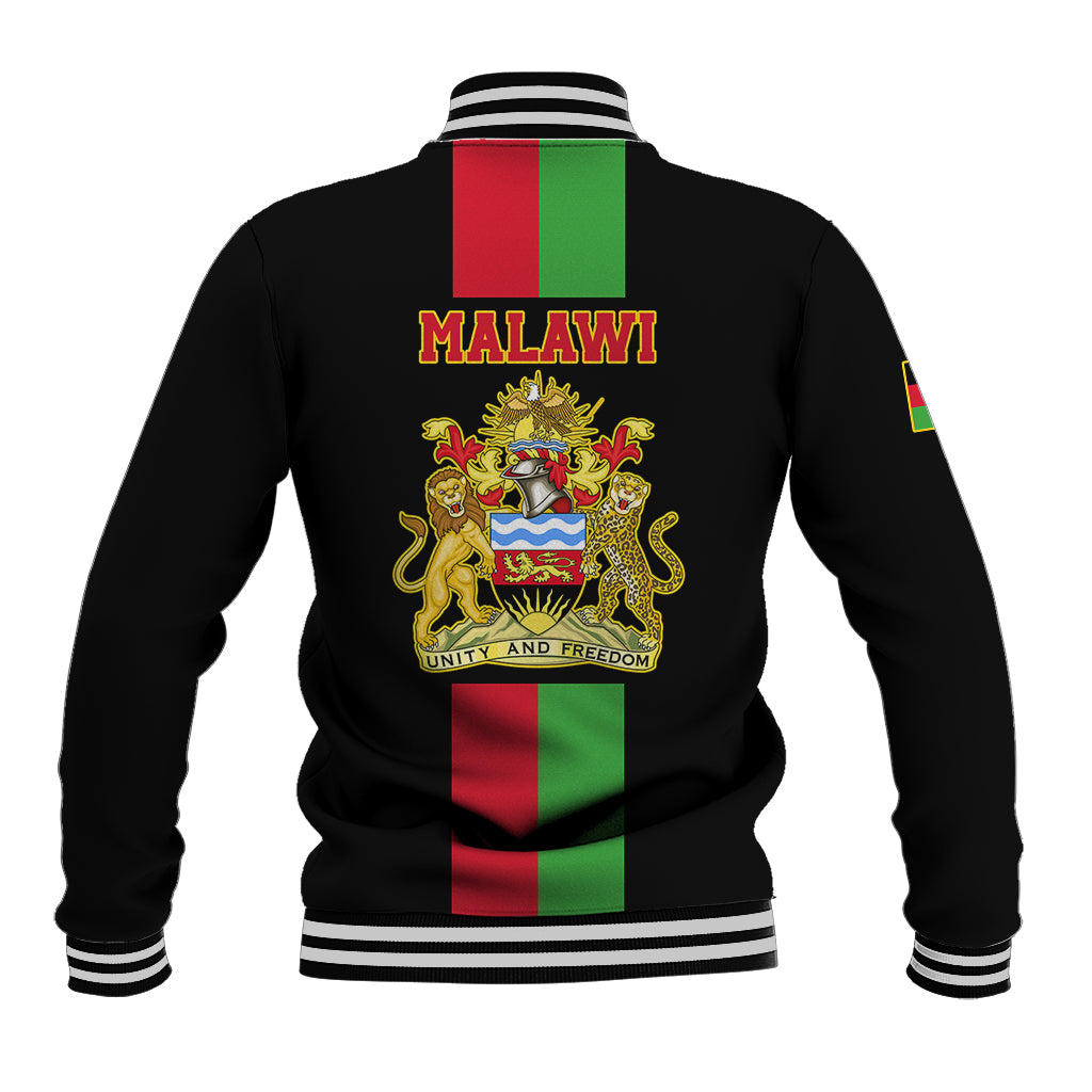 Black baseball jacket with striped ribbed collar, back MALAWI coat of arms and motto